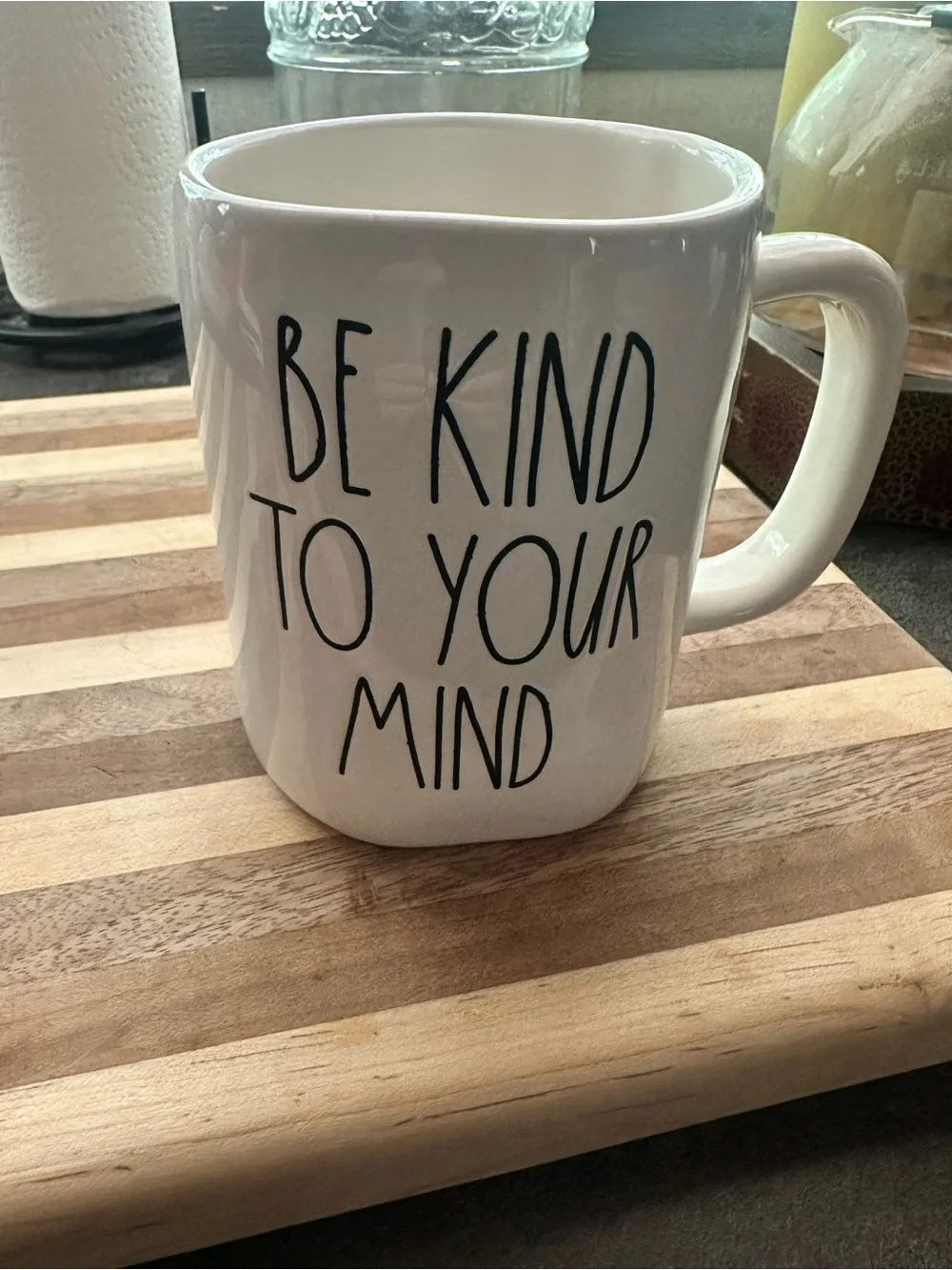 Rae Dunn White Ceramic Mug with Black 'Be Kind To Your Mind' Text